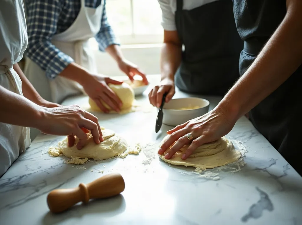 Quattro mani che lavorano impasti su un piano di marmo infarinato, una accanto all'altra