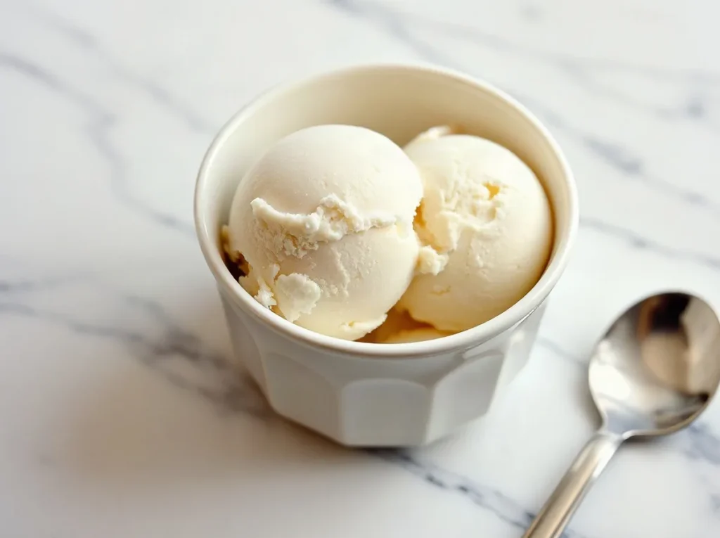 Due palline di gelato chiaro in una coppetta di ceramica bianca, con il cucchiaino accanto