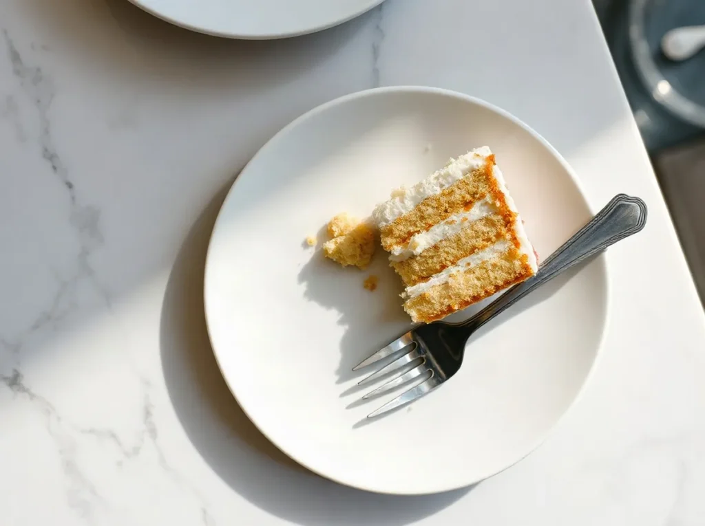 Una porzione di torta a strati su un piattino bianco con la forchetta accanto, vista dall'alto