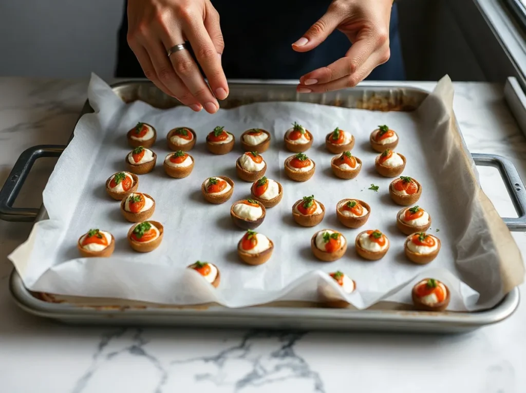 Mani che allineano tartine salate su una teglia foderata di carta