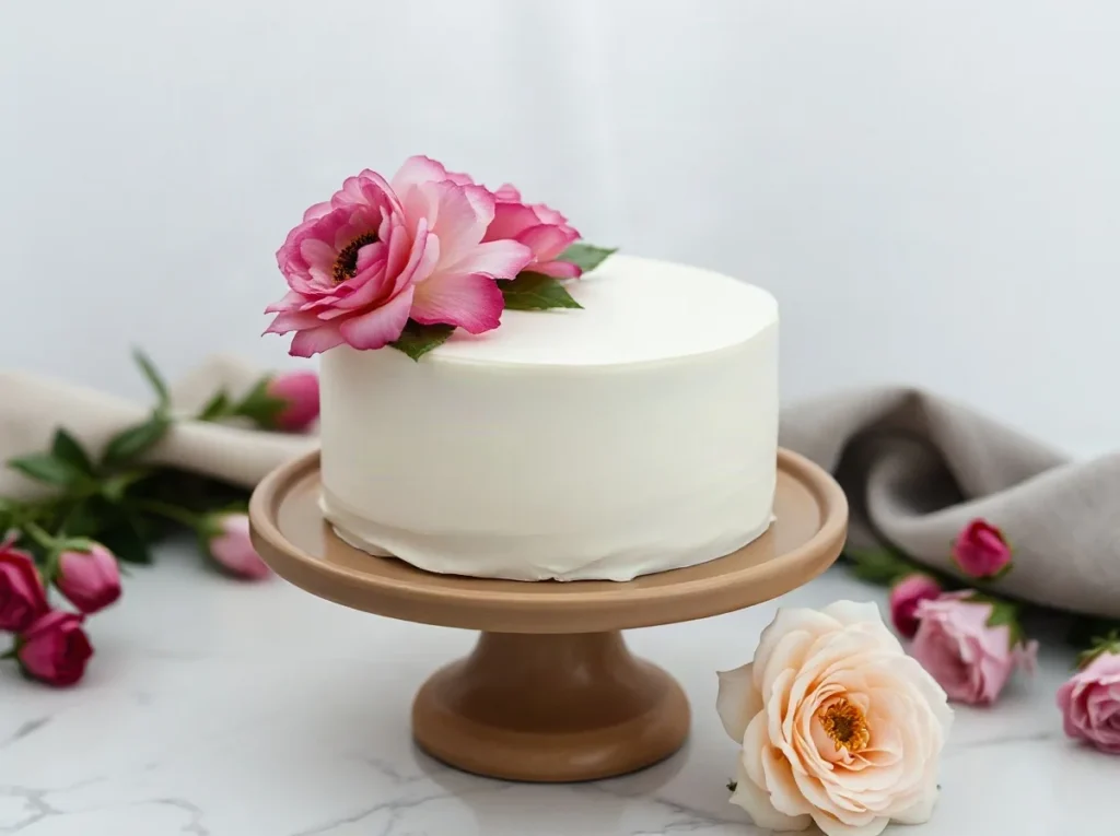 Torta bianca a copertura liscia con fiori freschi appoggiati su un lato