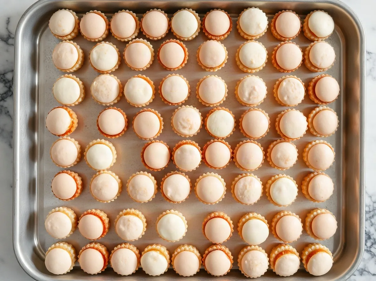 Teglia vista dall'alto con file ordinate di pasticcini glassati