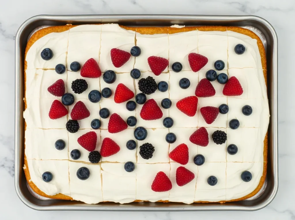Torta rettangolare gia divisa in porzioni quadrate, con frutti di bosco sopra