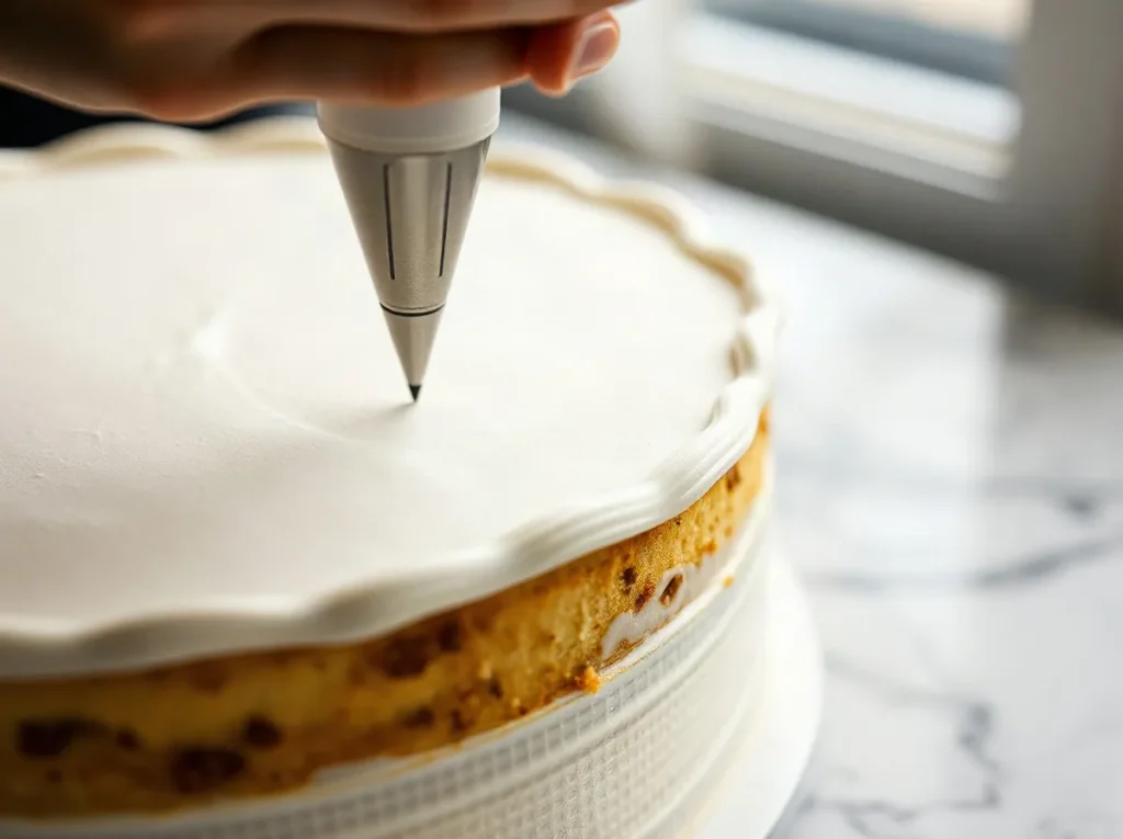 Bocchetta della sac a poche che chiude il bordo decorato di una torta bianca