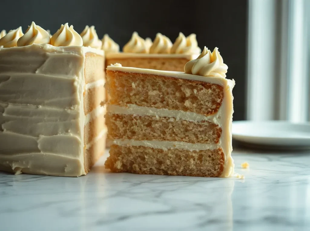 Sezione di una torta farcita con la fetta sollevata, si vedono i due strati di crema