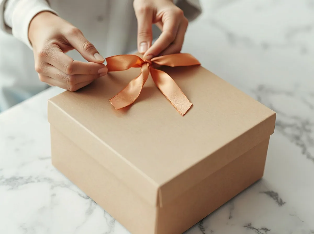 Mani che annodano il nastro intorno a una scatola di cartone da pasticceria