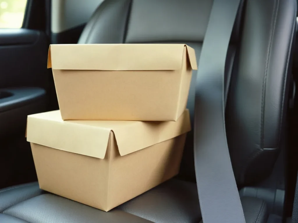 Due scatole da pasticceria impilate sul sedile di un'auto, trattenute dalla cintura