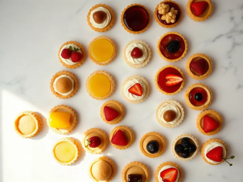Vassoio di pasticcini mignon assortiti, crostatine alla frutta e bignè, visti dall'alto su un piano di marmo