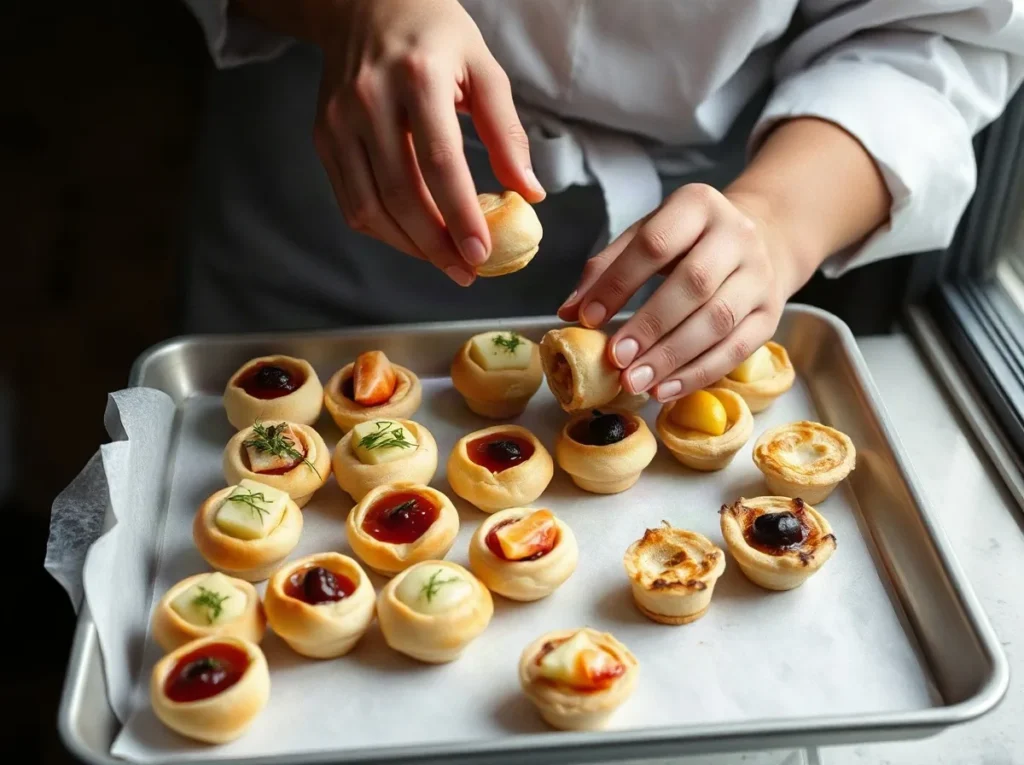 Mani che compongono un vassoio di finger food salati, tartine e sfogliatine, su una teglia d'acciaio