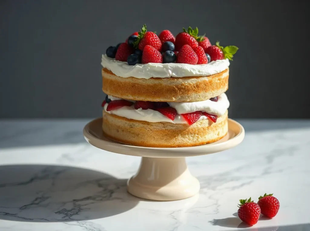 Torta a due strati con panna e frutti di bosco freschi su un'alzata di ceramica