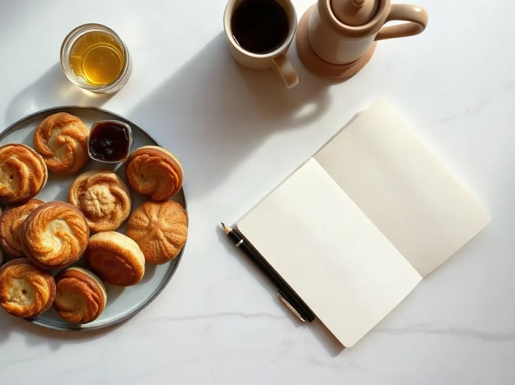 Piatto di paste da colazione accanto a un quaderno aperto e una matita su un piano di marmo