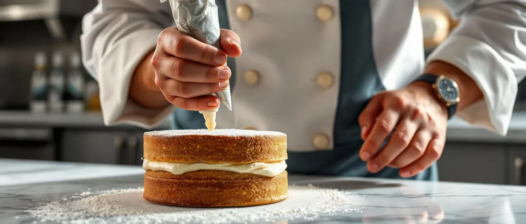 Mani di un pasticcere che rifiniscono con la sac a poche una torta a due strati su un piano di marmo infarinato
