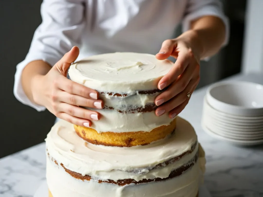 Mani che appoggiano il piano superiore di una torta a piani sopra quello sotto