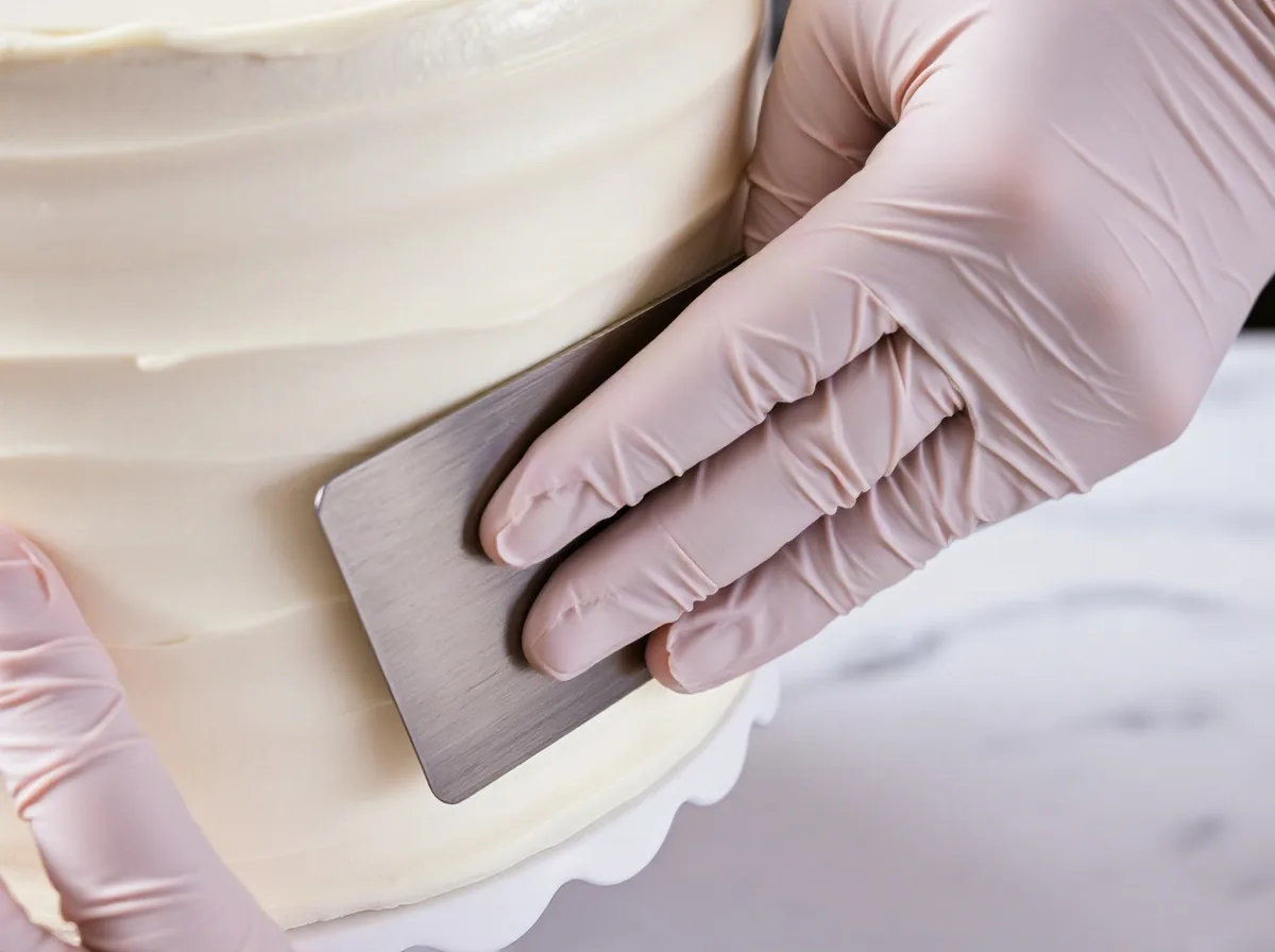 Mani con i guanti che lisciano la copertura di crema sul fianco di una torta con la spatola