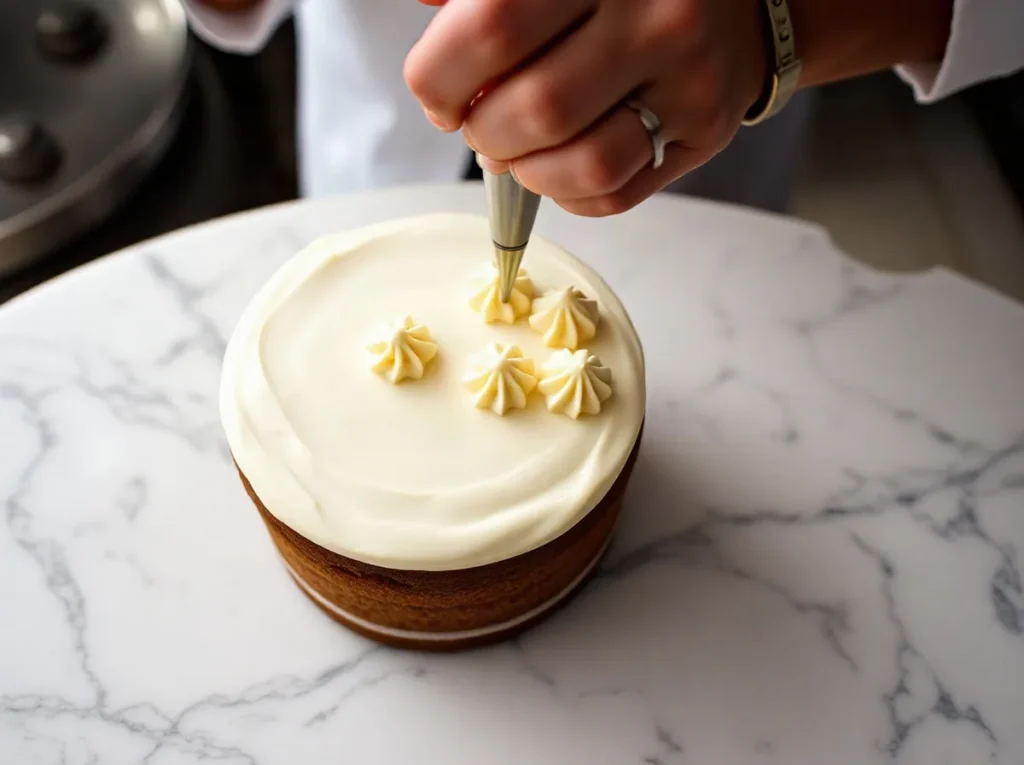 Mano che dispone piccoli ciuffi di crema sulla superficie di una torta appena coperta