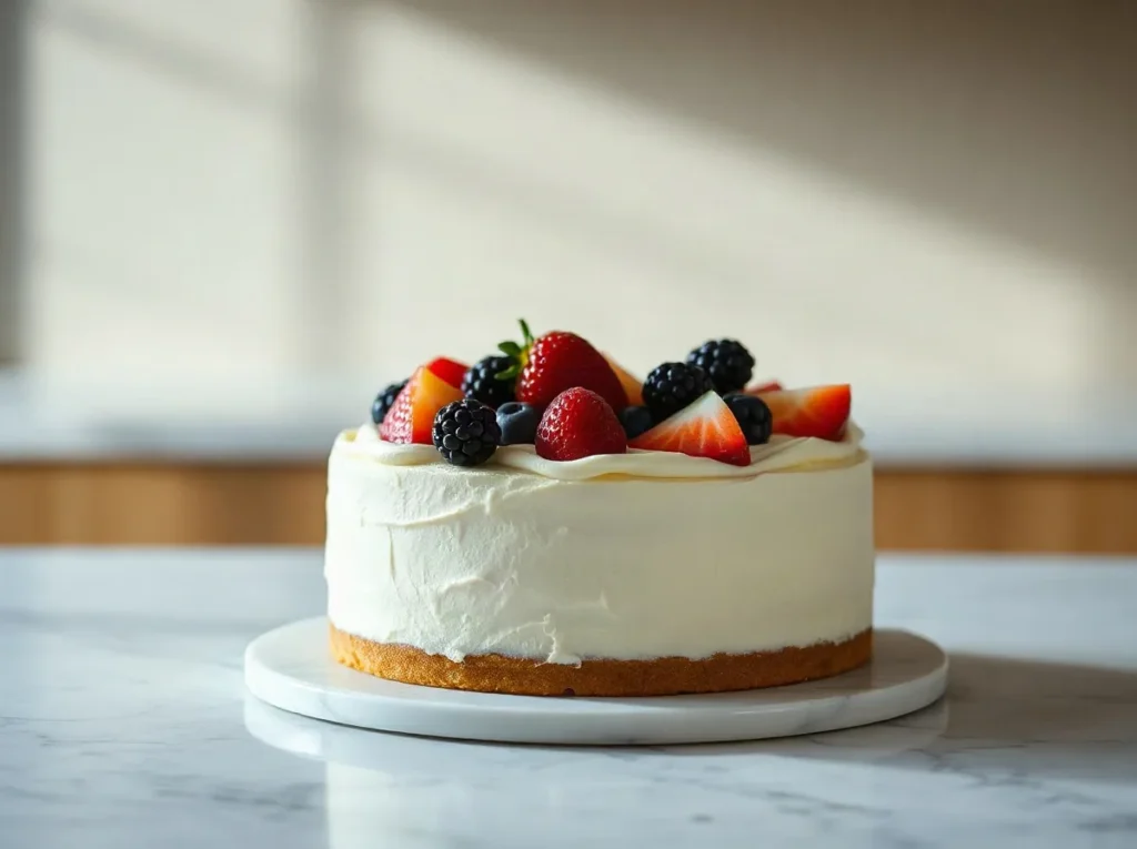 Torta coperta di crema con frutta fresca sopra, fotografata di tre quarti su un piatto di marmo