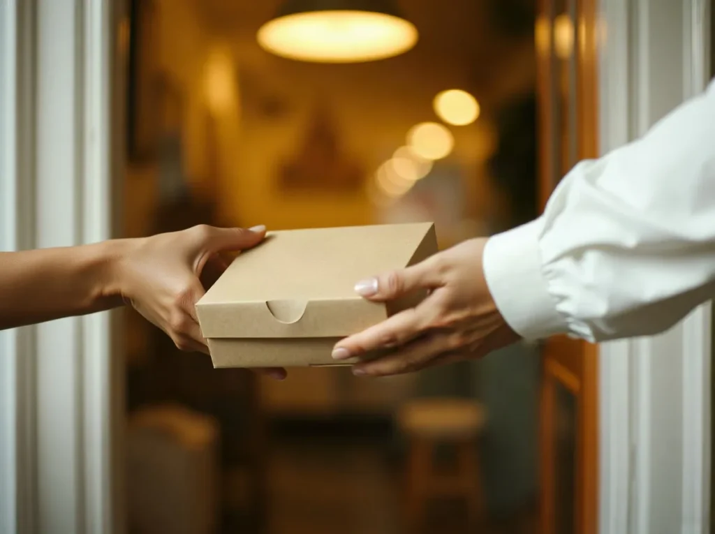 Due paia di mani che si passano una scatola di cartone da pasticceria sulla soglia di casa