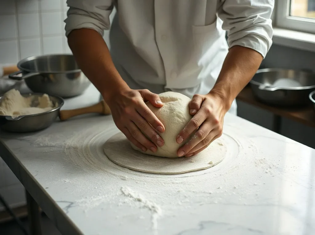 Mani che lavorano un impasto lievitato su un piano di marmo infarinato, accanto a ciotole d'acciaio